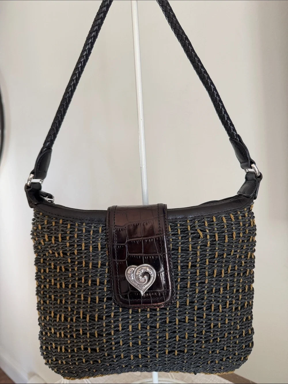 Brighton Black Woven Shoulder Bag with Brown Flap and Silver Heart Accent
